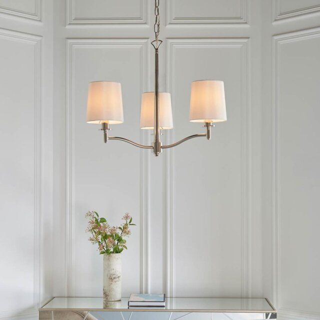 Endon 95828 Ortona 3 Light Ceiling Pendant In Bright Nickel With Vintage White Shades