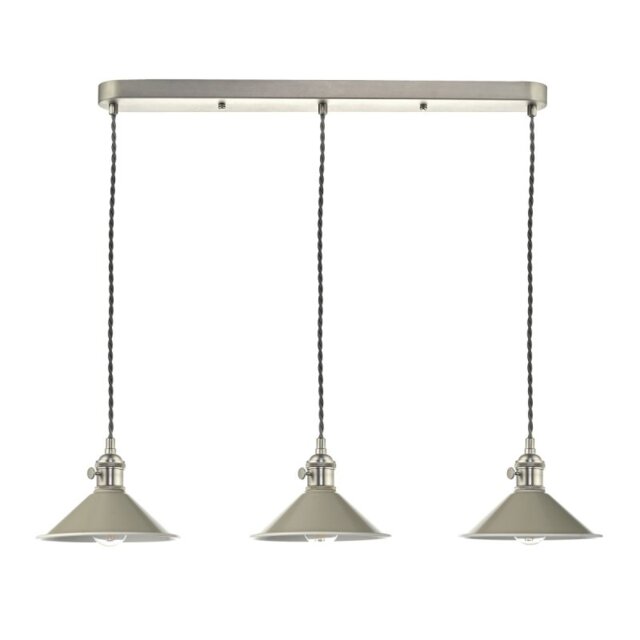 Dar Lighting Hadano 3 Light Bar Ceiling Pendant Light In Antique Chrome With Taupe Shades