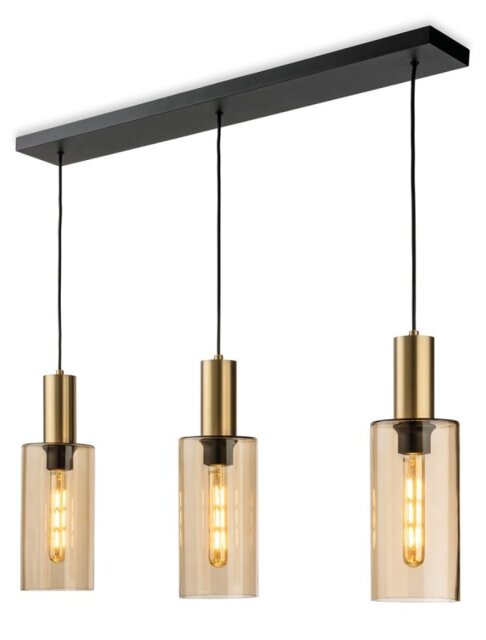 Firstlight 6885SB Rimini 3 Light Bar Pendant Light In Satin Brass Finish With Smoked Amber Glass Shades