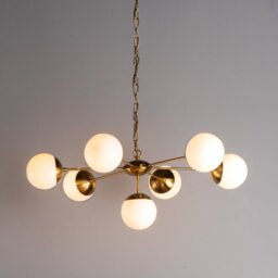 Dar BOM3435 Bombazine 7 Light Pendant Ceiling Light With Natural Brass Arms