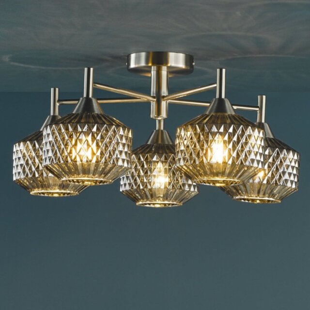 Dar Wisebuys Fabrienne 5 Light Semi Flush Ceiling Light In Satin Nickel And Smoked Glass