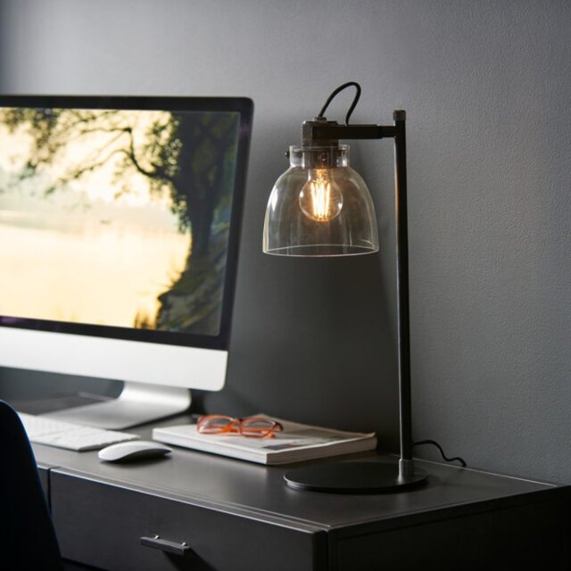 Endon 107012 Urban Task Table Lamp In Black Chrome With Smokey Grey Tinted Glass
