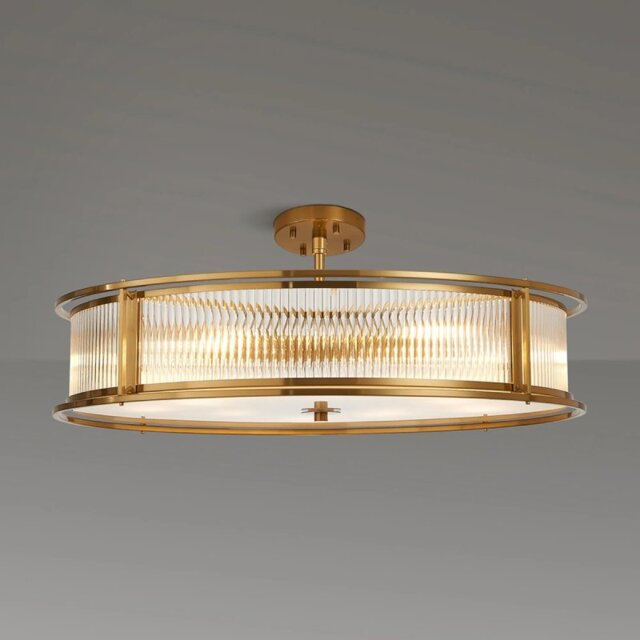 Arcade 80 cm Round Convertible Ceiling Light In Brass Finish With Clear Ribbed Glass Panels