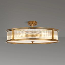 Arcade 80 cm Round Convertible Ceiling Light In Brass Finish With Clear Ribbed Glass Panels