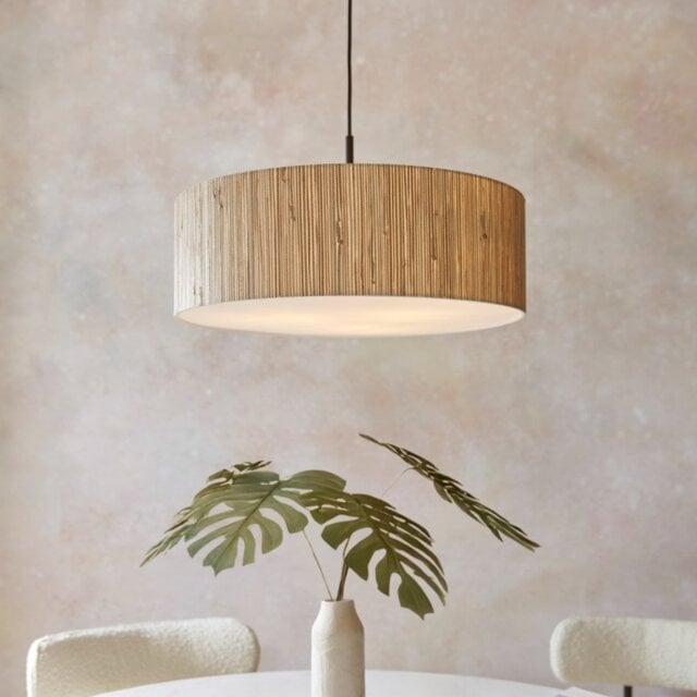 Endon 118672 Longshore Woven Seagrass 3 Light Ceiling Pendant Light In Matt Black With Fabric Diffuser
