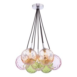 Dar Lighting Elpis 7 Light Cluster Ceiling Pendant Light In Polished Chrome With Round Mixed Glass ELP342-MIX