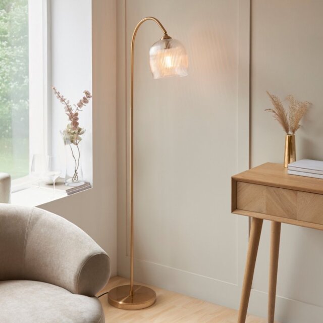 Endon 120621 Ashcroft Floor Lamp In Brushed Aged Brass With Ribbed Glass