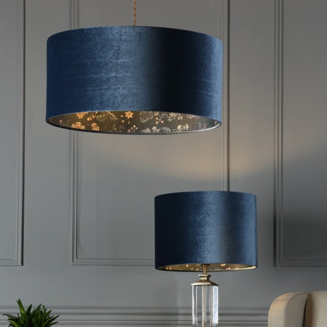 "Laura Ashley Portia Drum Shade In Blue Velvet Finish 45cm/18"""