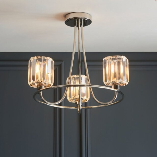 Endon 104107 Berenice 3 Light Semi Flush Ceiling Light In Bright Nickel With Cut Glass Shades