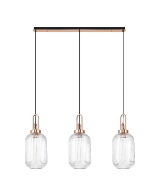 Glenn 3 Light Tubular Linear Pendant in Copper With Clear Ribbed Glass