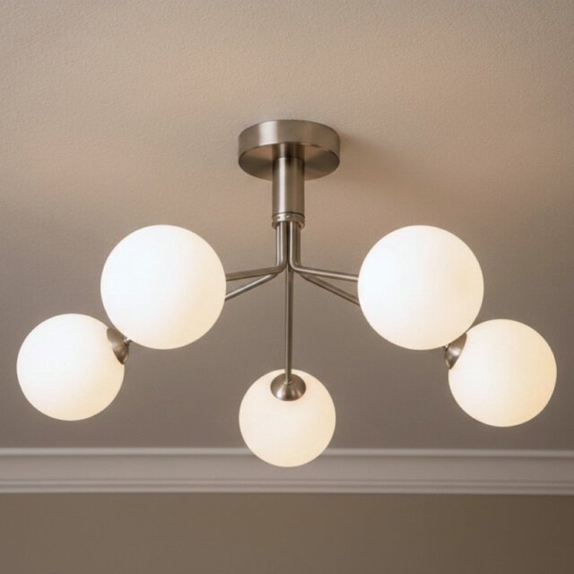 Firstlight 6931BS Lyric 5 Light Flush Ceiling Light In Brushed Steel Finish With Opal White Glass