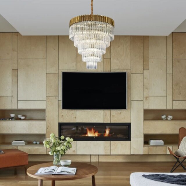 Prestige Metro Large Tiered Ceiling Pendant Light In Brass With Clear Sculptured Glass 80cm