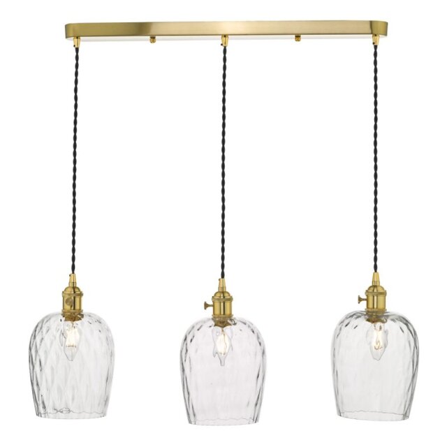 Dar Lighting Hadano 3 Light Bar Ceiling Pendant Light In Natural Brass With Dimpled Glass Shades