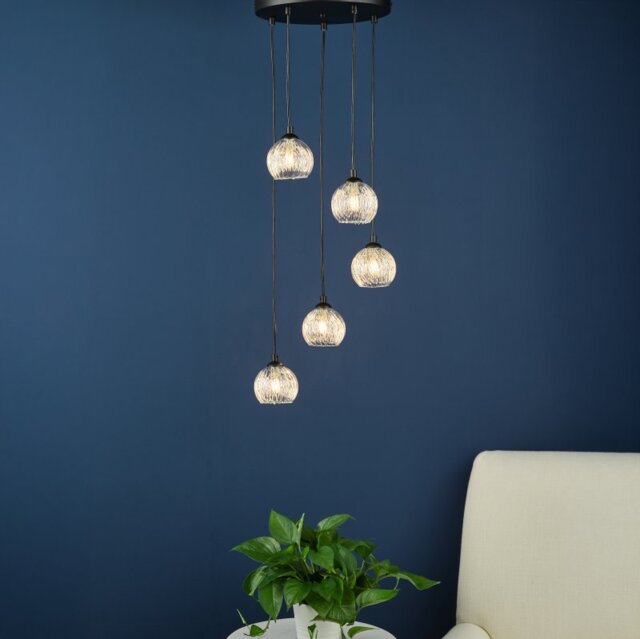 Dar Lighting Federico 5 Light Cluster Ceiling Pendant Light In Black With Wire Glass Shade