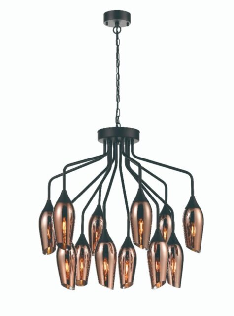 Franklite Taper 12 Light Ceiling Pendant Light In Matt Black With Copper Glass FL2420-12/347