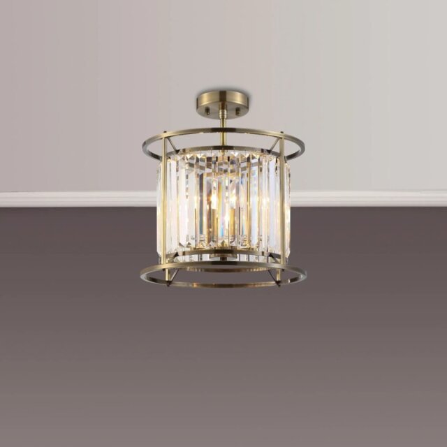 Crown 36 cm Convertible Pendant Or Semi Flush Light In Antique Brass Finish with Crystal Glass