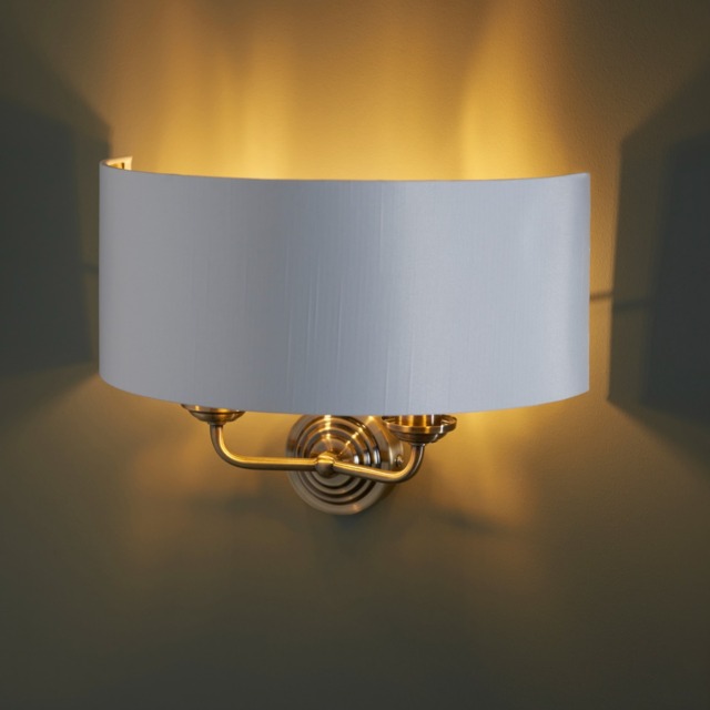98937 Highclere Twin Wall Light In Antique Brass Finish And White Shade