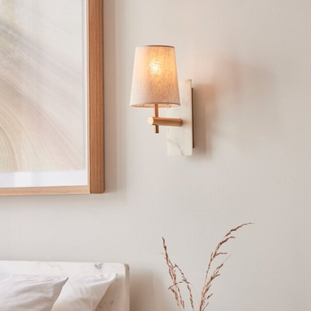 Modern Wall Light In Vintage Brass And White Marble With Natural Tapered Shade