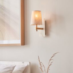 Modern Wall Light In Vintage Brass And White Marble With Natural Tapered Shade