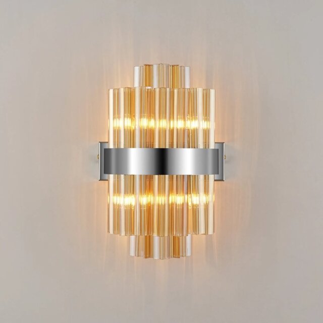 Hampton 4 Light Wall Light In Polished Nickel Finish With Amber Glass