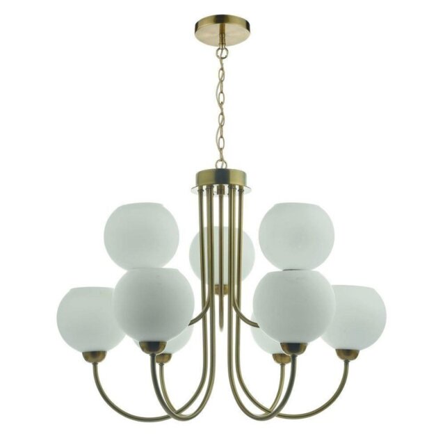 Dar IND1335 Indra 9 Light Multi Arm Ceiling Pendant In Brass With Opal Glass