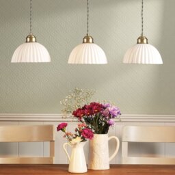 Laura Ashley Durford 3 Light Bar Ceiling Pendant Light In Matt Antique Brass Finish With Ceramic Shades LA3756727-Q