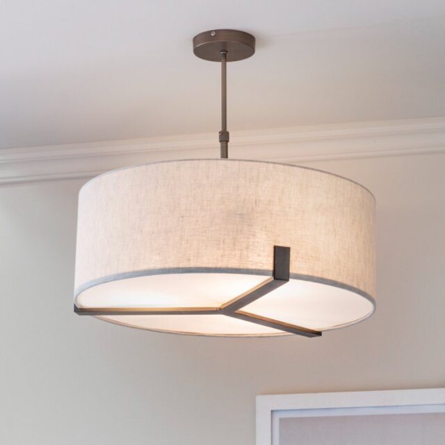 3 Light Ceiling Pendant Light In Brushed Bronze With Natural Linen Shade