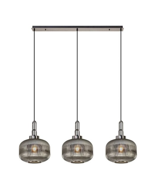 Glenn 3 Light Pumpkin Linear Pendant in Black Chrome With Smoked Ribbed Glass