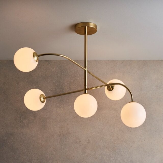 5 Light Semi Flush Ceiling Light In Brushed Brass Plate And Gloss White Glass