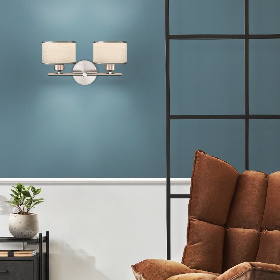Franklite Polaris 2 Light Wall Light In Satin Nickel With Fabric Shades FL2497-2