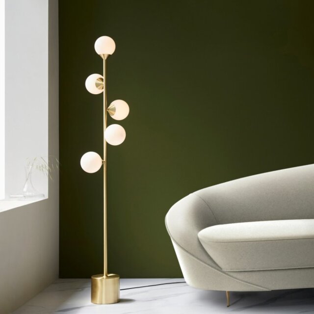 Teardrop 5 Light Floor Lamp In Satin Brass Finish With Gloss White Glass Shades