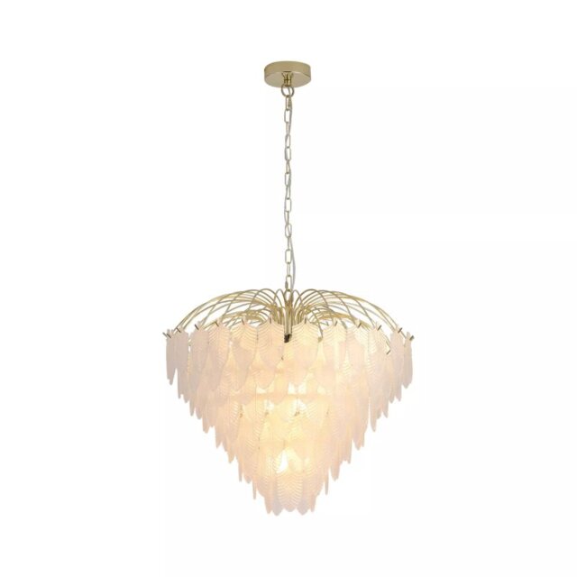 Searchlight Feather 10 Light Ceiling Pendant In Polished Brass With Frosted Glass 48970-10SB