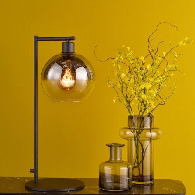 Dar Lighting Lycia Table Lamp In Matt Black With Smoked Ombre Glass