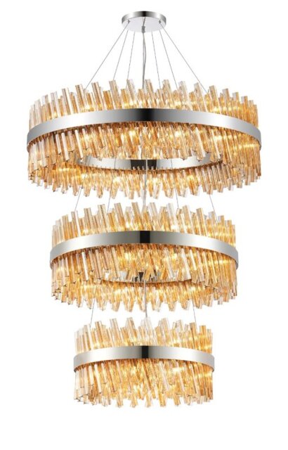 Hampton 3 Tier Ceiling Pendant Light In Polished Nickel Finish With Amber Glass 60+80+100cm