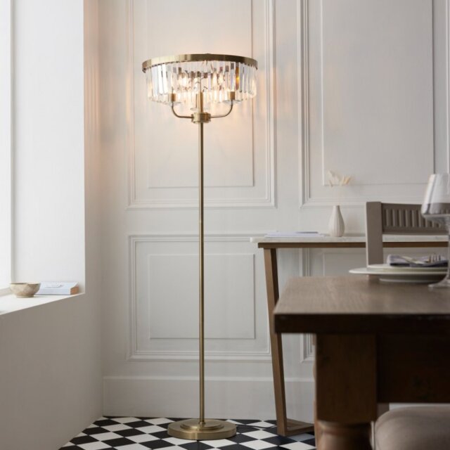 Classic 3 Light Floor Lamp In Antique Brass With Clear Cut Glass