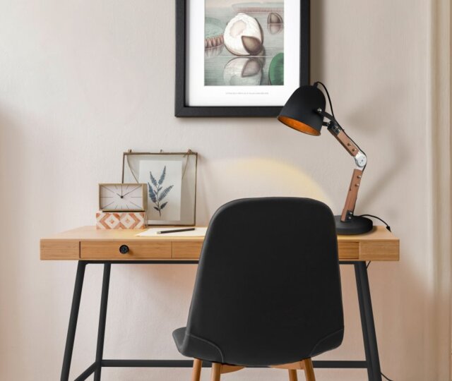 Franklite Timber Table Lamp In Mat Black And Gold Finish With Wooden Stem TL602