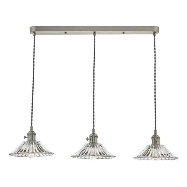 Dar Lighting Hadano 3 Light Bar Ceiling Pendant Light In Antique Chrome With Flared Glass Shades