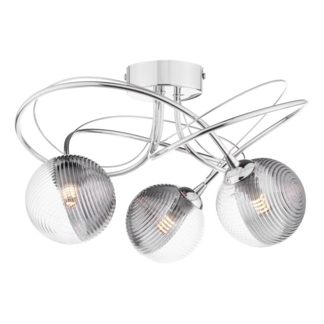 Dar Lighting Onawa 3 Light Semi Flush Ceiling Light In Polished Chrome With Ribbed Glass