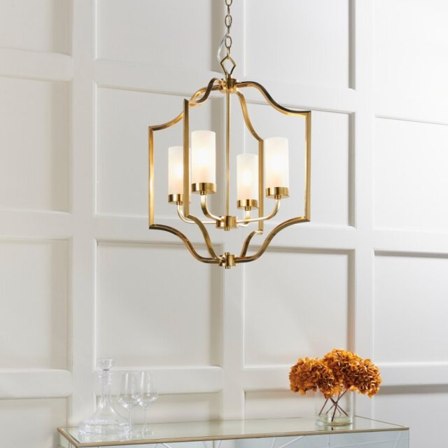 Endon 81914 Edrea 4 Light Ceiling Pendant In Satin Brass Plate And Frosted Glass