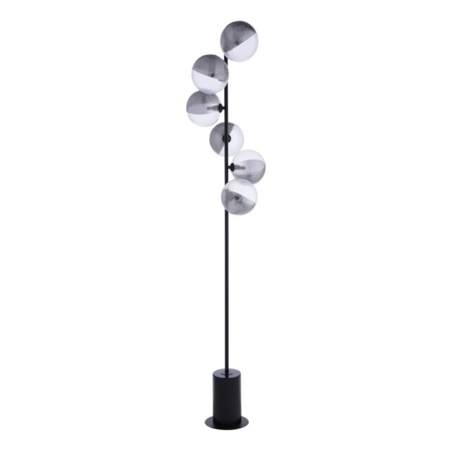Dar Lighting Spiral 6 Light Floor Lamp In Matt Black With Smoked And Clear Ribbed Glass