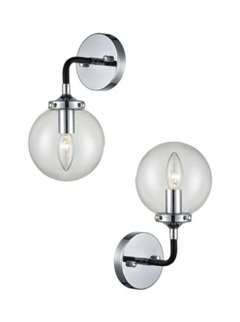 Franklite Reaction FL2369/1 One Light Wall Light In Matt Black And Chrome With Clear Glass Sphere