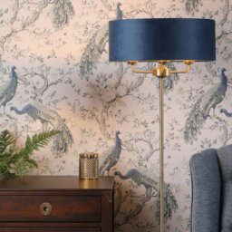 Laura Ashley Sorrento 3 Light Floor Lamp In Antique Brass Finish With Blue Velvet Shade LA3756235-Q