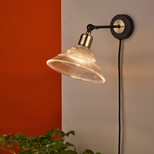 Dar Lighting Boyd Single Wall Light In Antique Brass Finish With Frensel Glass Shade