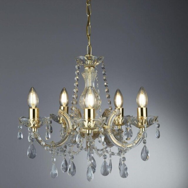 Searchlight 699-5 Marie Therese 5 Light Crystal Chandelier in Polished Brass