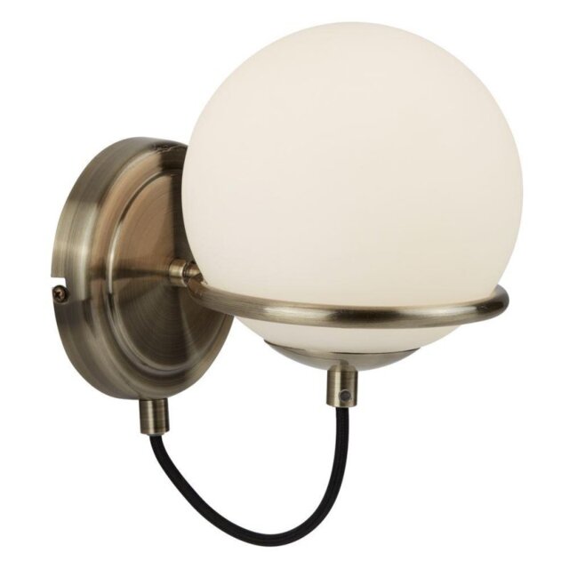 Searchlight 7091AB Sphere One Light Wall Light In Antique Brass With Glass Shade