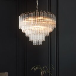 Endon 104090 Toulouse 12 Light Ceiling Chandelier In Bright Nickel With Cylindrical Glass