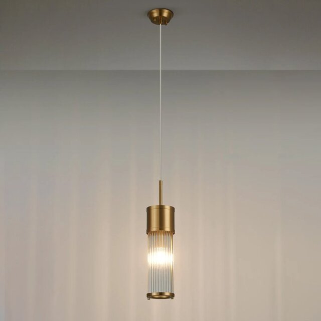 Pillar Bathroom Single Ceiling Pendant Light In Gold And Clear Glass Rods IP44 E14