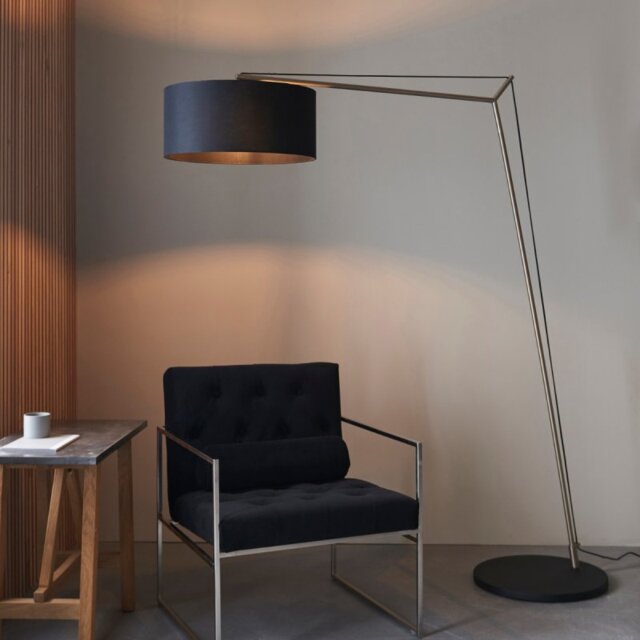 Modern Large 1 Light Floor Lamp In Matt Nickel With Black Cotton Shade