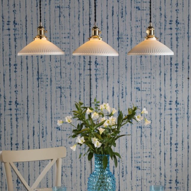 Dar Lighting Hadano 3 Light Bar Ceiling Pendant Light In Natural Brass With Ceramic Shallow Shade