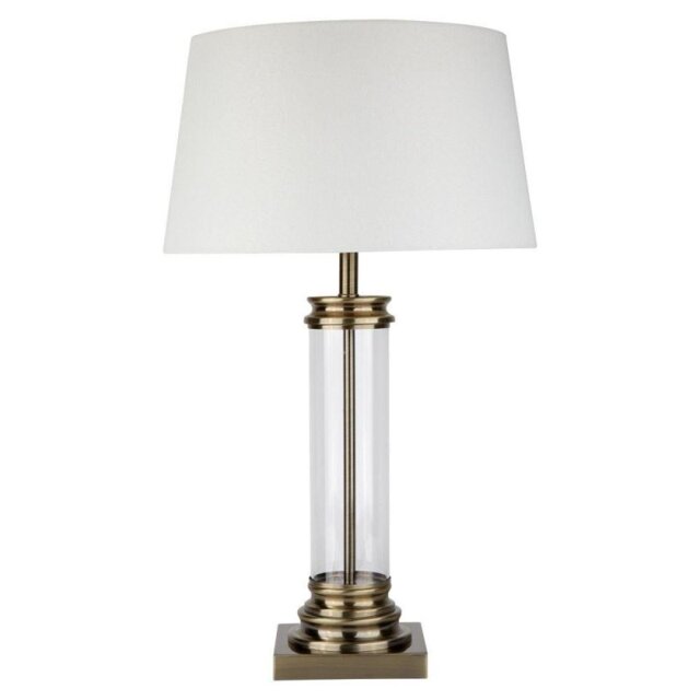 Searchlight 5141AB 1 Light Table Lamp With Glass Column And Antique Brass Base And Cream Shade